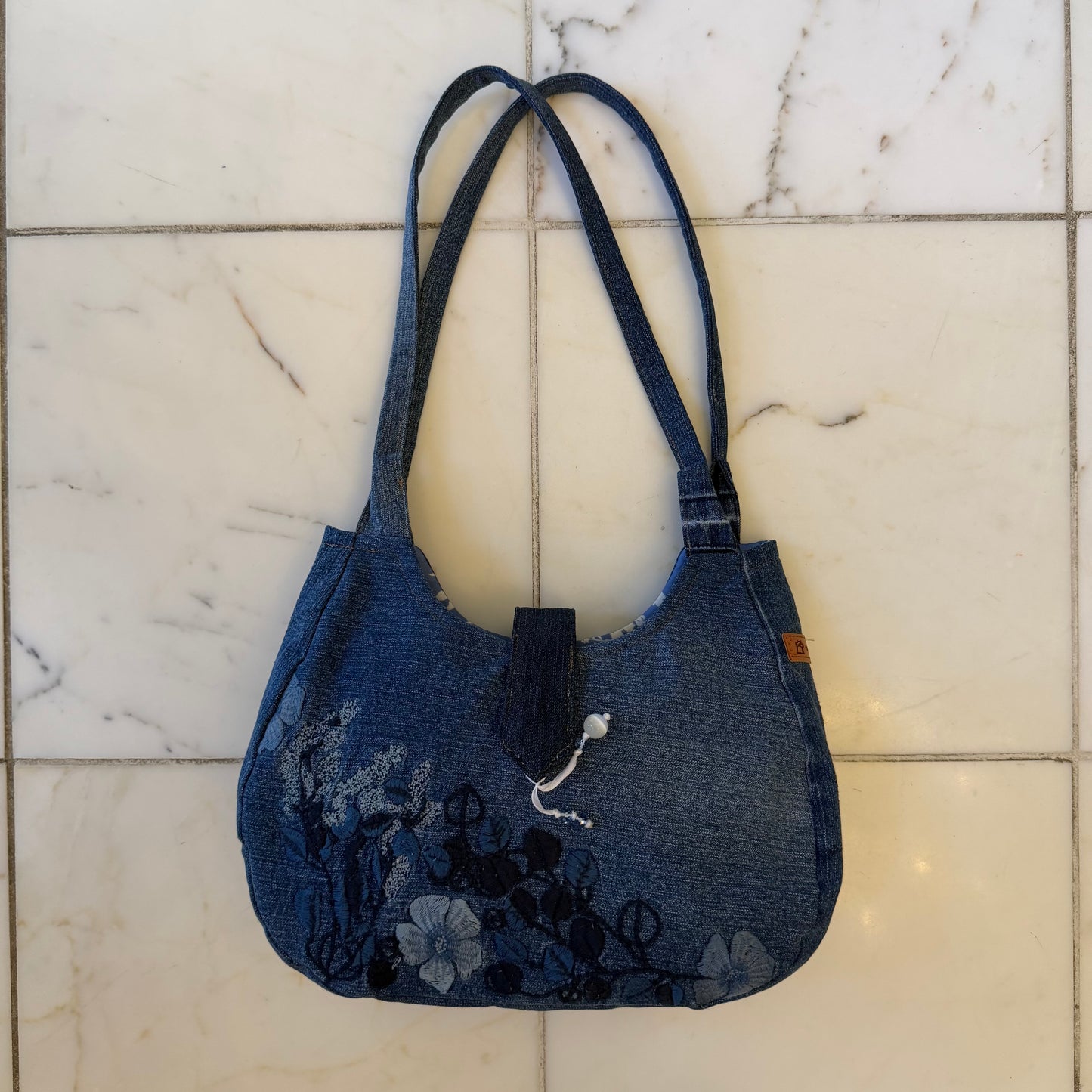 Dark Embroidered Denim Bag